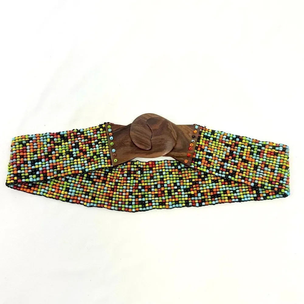 Colorful Seed Bead Wood Clasp Buckle Boho Festival Ethnic Tribal Stretch Belt